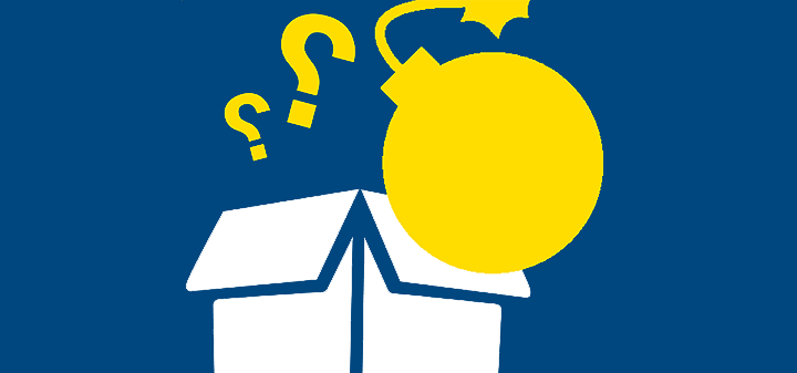 炸弹威胁 icon, white box with yellow bomb and question marks on blue background