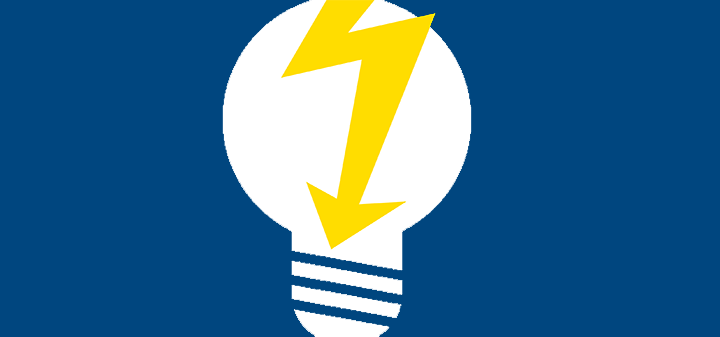 电源故障 icon, white light bulb with yellow electric arrow on blue background